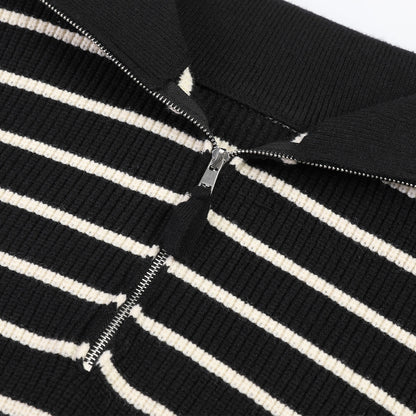 THREE QUARTERS Striped Sailor Collar Knit Sweater Black