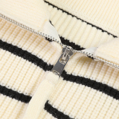 THREE QUARTERS Striped Sailor Collar Knit Sweater White