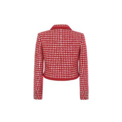 THREE QUARTERS Check Pattern Tweed Coat Red