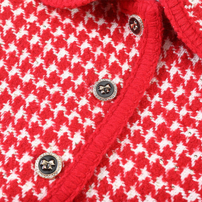 THREE QUARTERS Check Pattern Tweed Coat Red