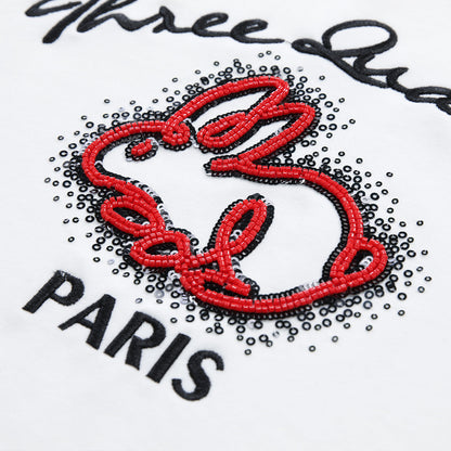 THREE QUARTERS Embroidery Logo Rabbit Tee Red