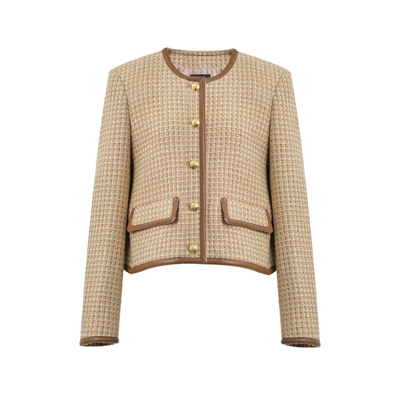 Concise-White Patch Tweed Gold Buckle Short Coat Khaki