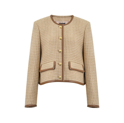 Concise-White Patch Tweed Gold Buckle Short Coat Khaki