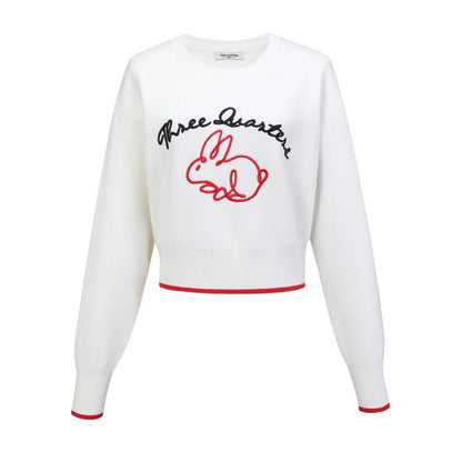 THREE QUARTERS Rabbit Printed Sweater White