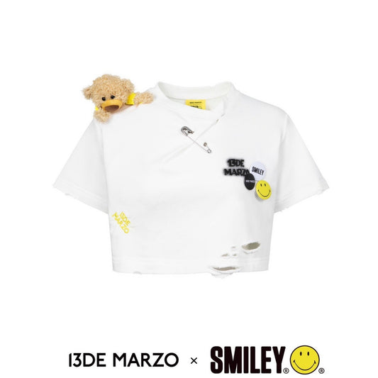 13De Marzo x Smiley Broken Pin Badge Bear Short T-shirt White