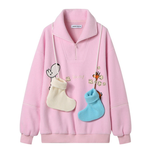 Andrea Martin Giraffe Knitted Socks Pendant Fleece Sweater Pink