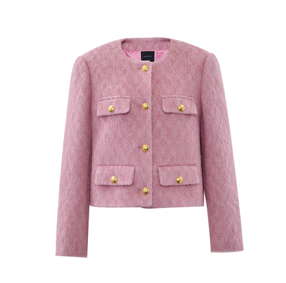 Concise-White Gold Buckle Multi-Pocket Short Coat Pink
