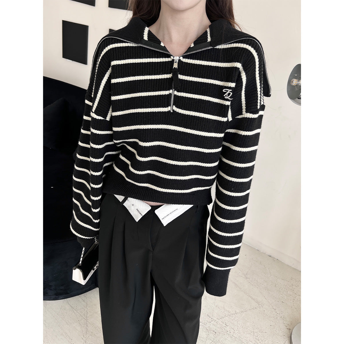 THREE QUARTERS Striped Sailor Collar Knit Sweater Black – Fixxshop