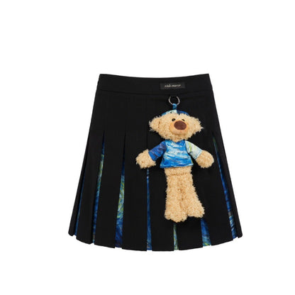 13DE MARZO Van Gogh Masterpiece Pleated Skirt Black