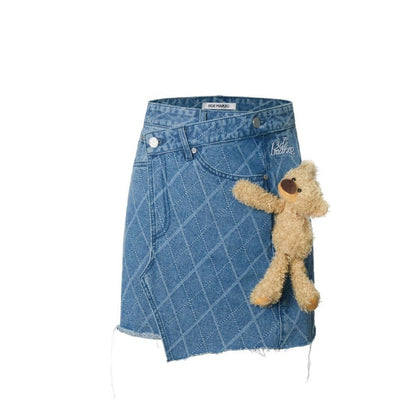 13DE MARZO Bear Diamond Check Denim Skirt Cashmere Blue