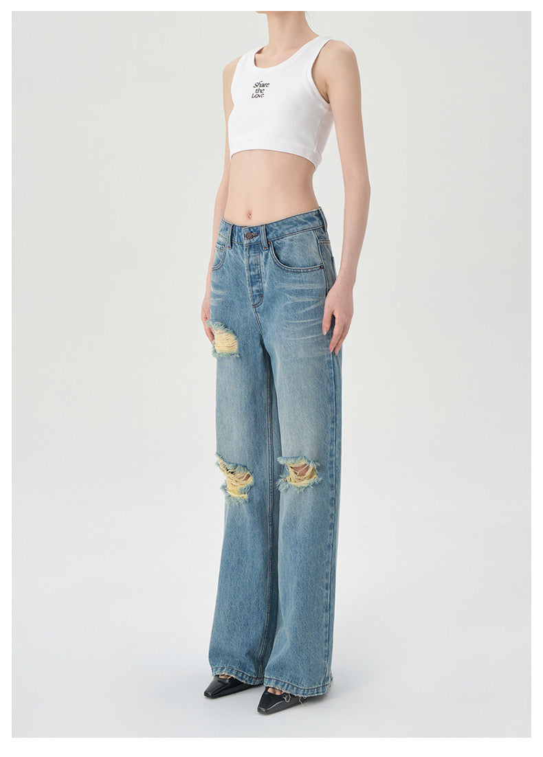 Concise-White Ripped Denim Flared Wide-Leg Jeans Light Blue