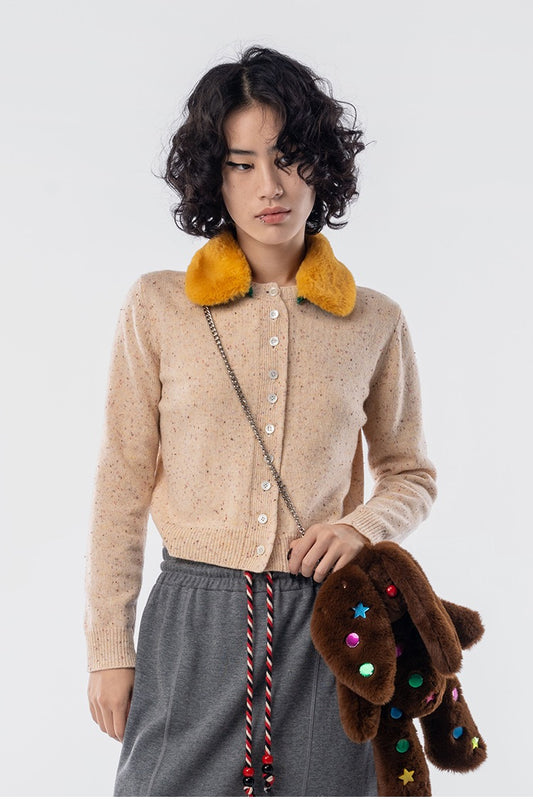 AUBRUINO Detachable Hood Collar Puppy Print Wool Cardigan