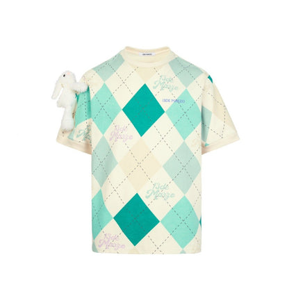 13DE MARZO Bunny Vintage Diamond Pattern T-shirt Baltic