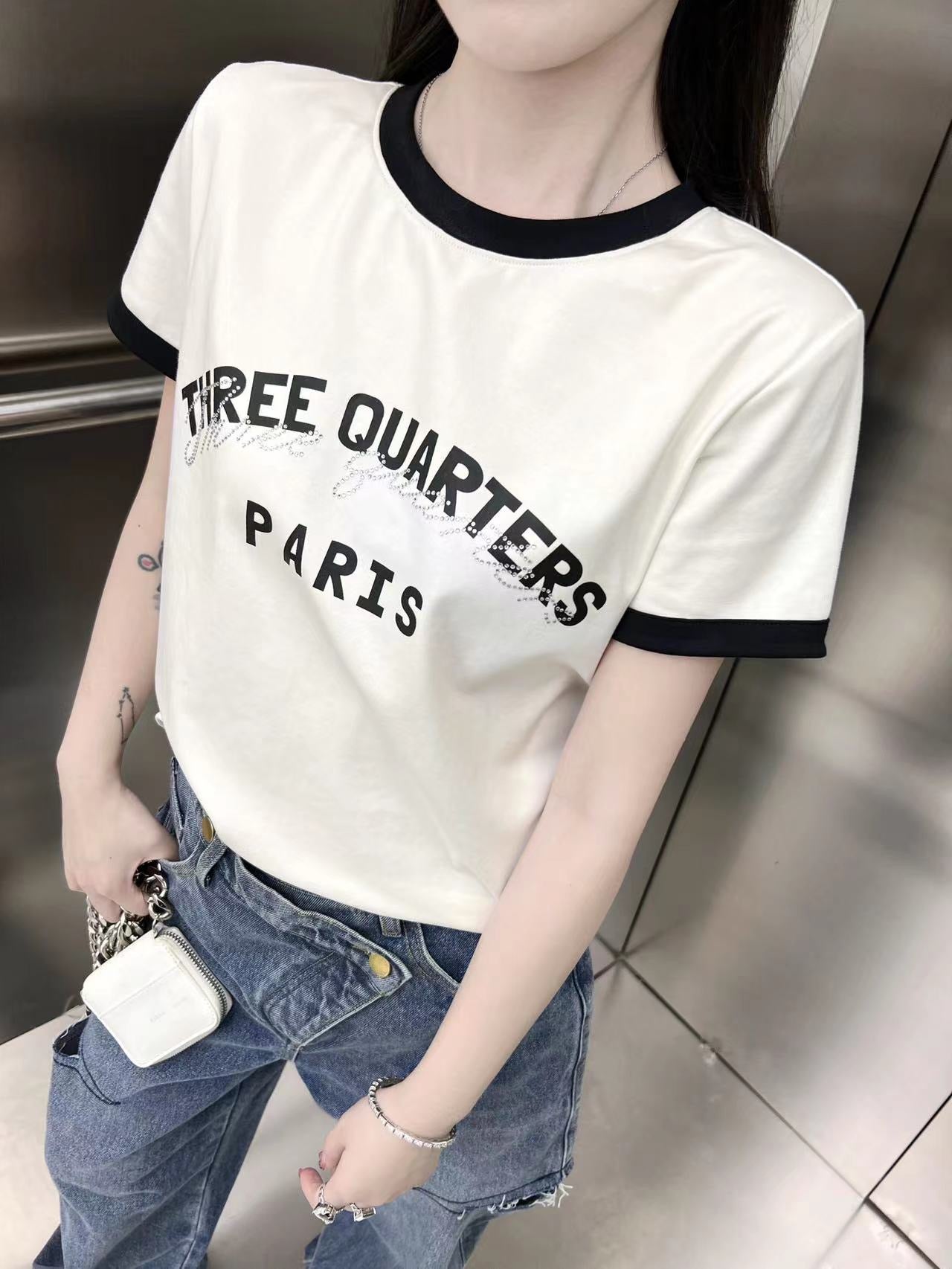 THREE QUARTERS Color Blocked Rhinestone Logo Tee - Fixxshop