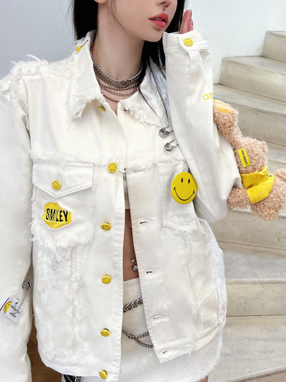 13De Marzo x Smiley Broken Suture Denim Jacket White