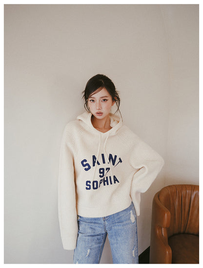Concise-White LOGO Knit Sweater Hoodie Apricot