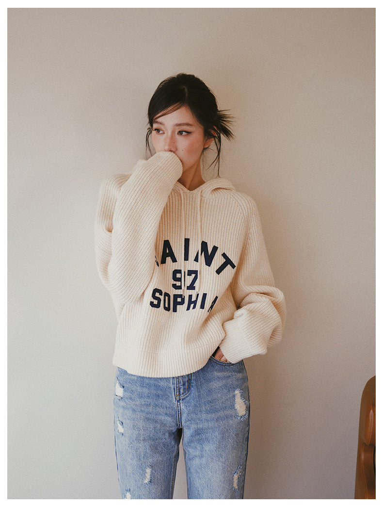 Concise-White LOGO Knit Sweater Hoodie Apricot