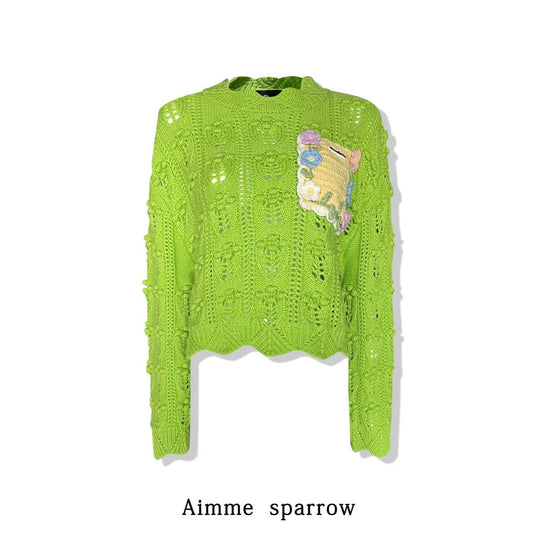 Aimme Sparrow Green Cutout Lace Knit Sweater