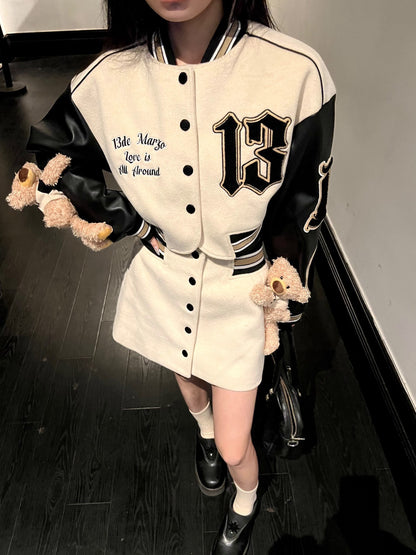 13DE MARZO Vintage Short Baseball Jacket Lamb's Wool