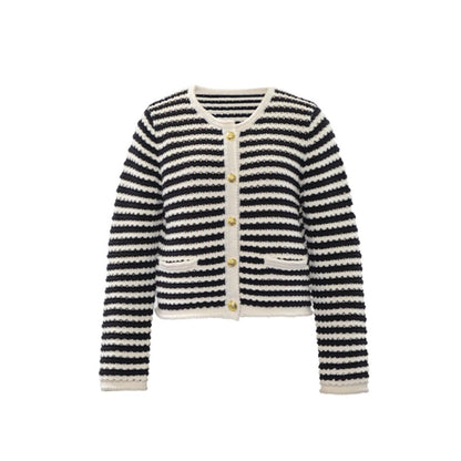 Concise-White Round Neck Striped Long Sleeve Cardigan
