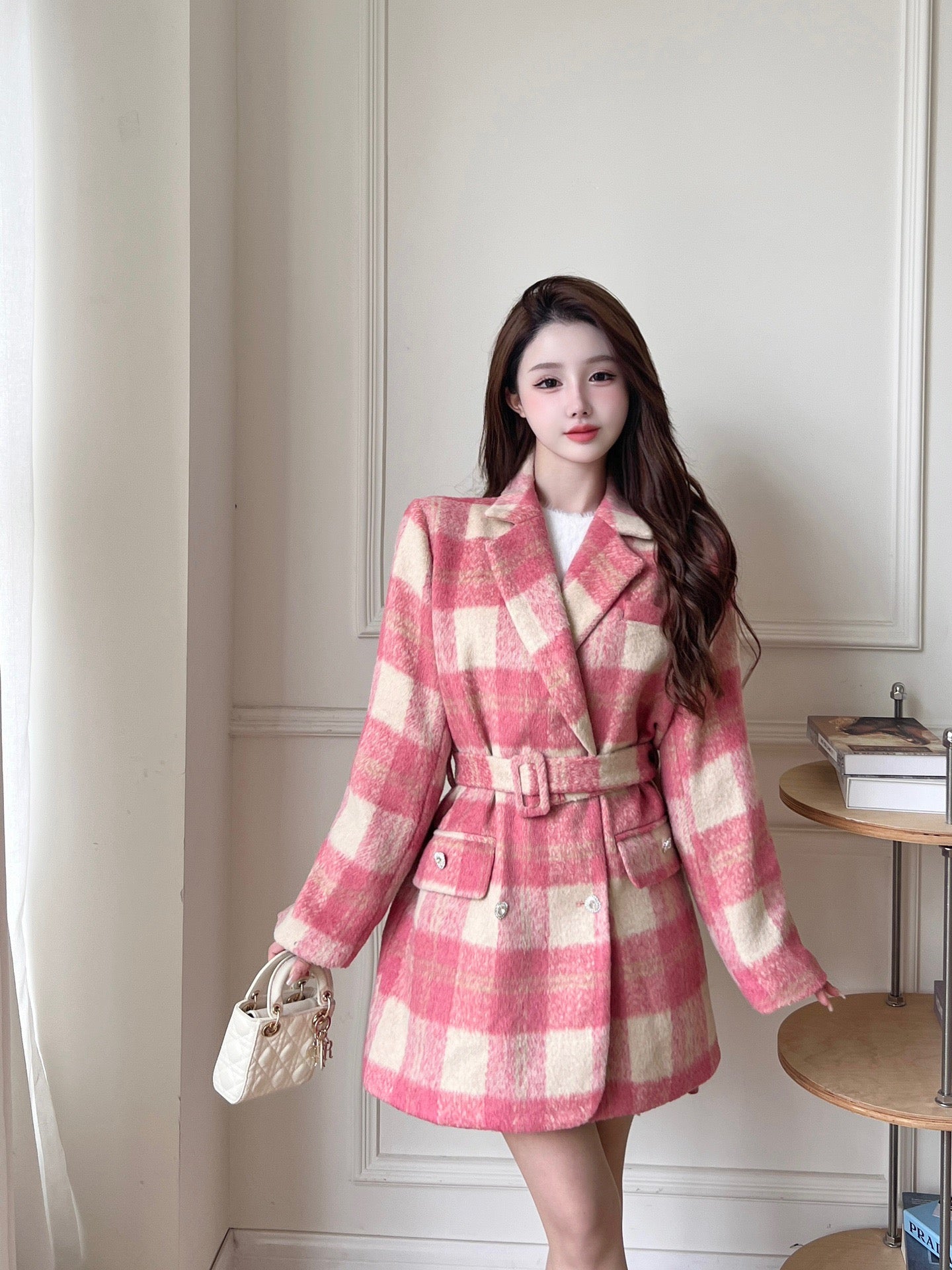 Aimme Sparrow Pink Plaid Lace Up Coat