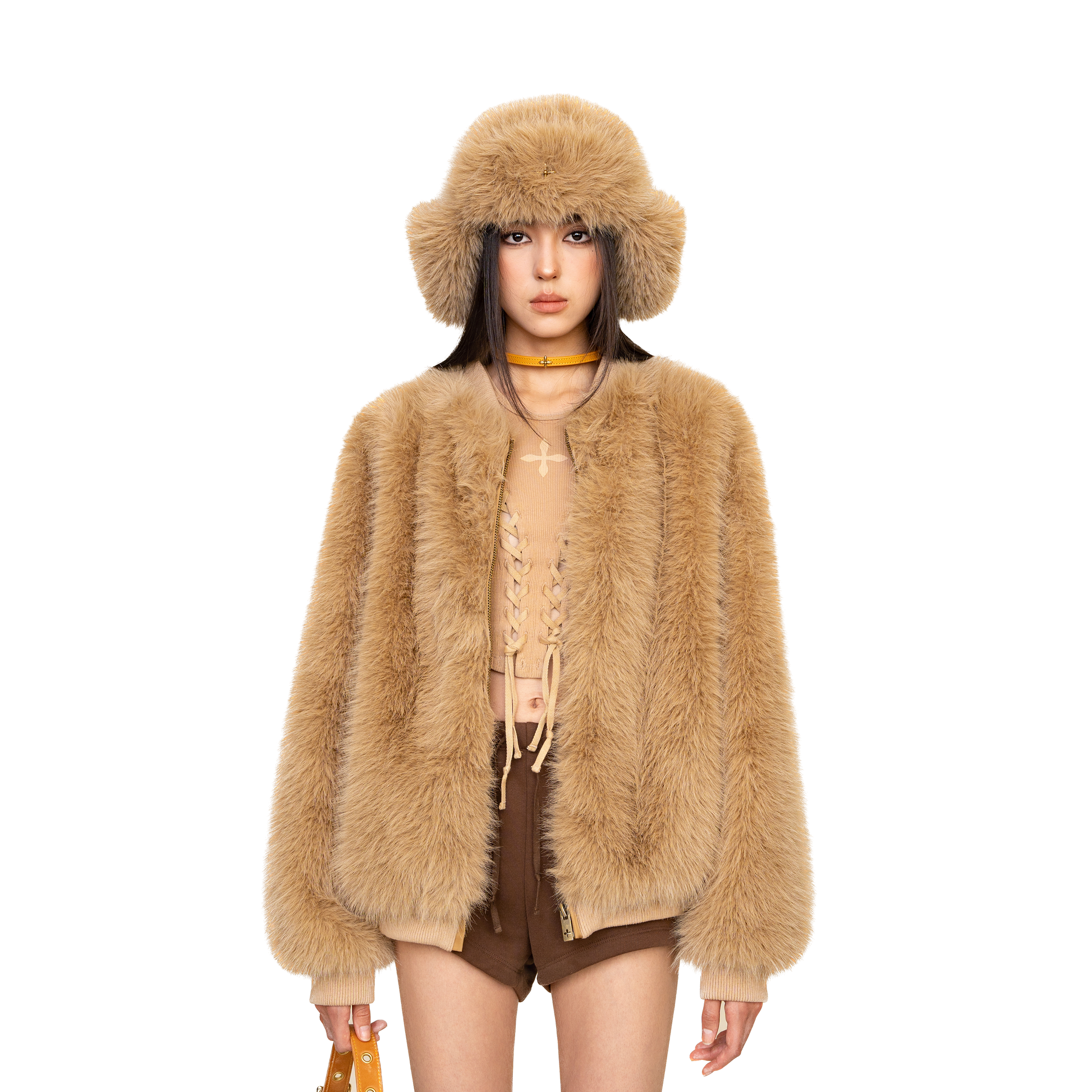 SMFK WildWorld Baseball Faux Fur Jacket In Wheat