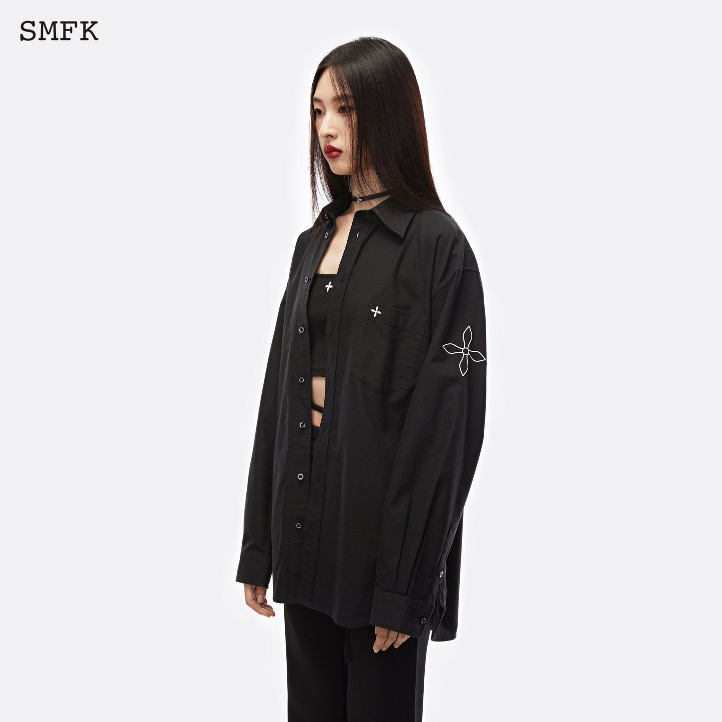 SMFK Compass Black Night Flower Classic Shirt Midnight Black - Fixxshop