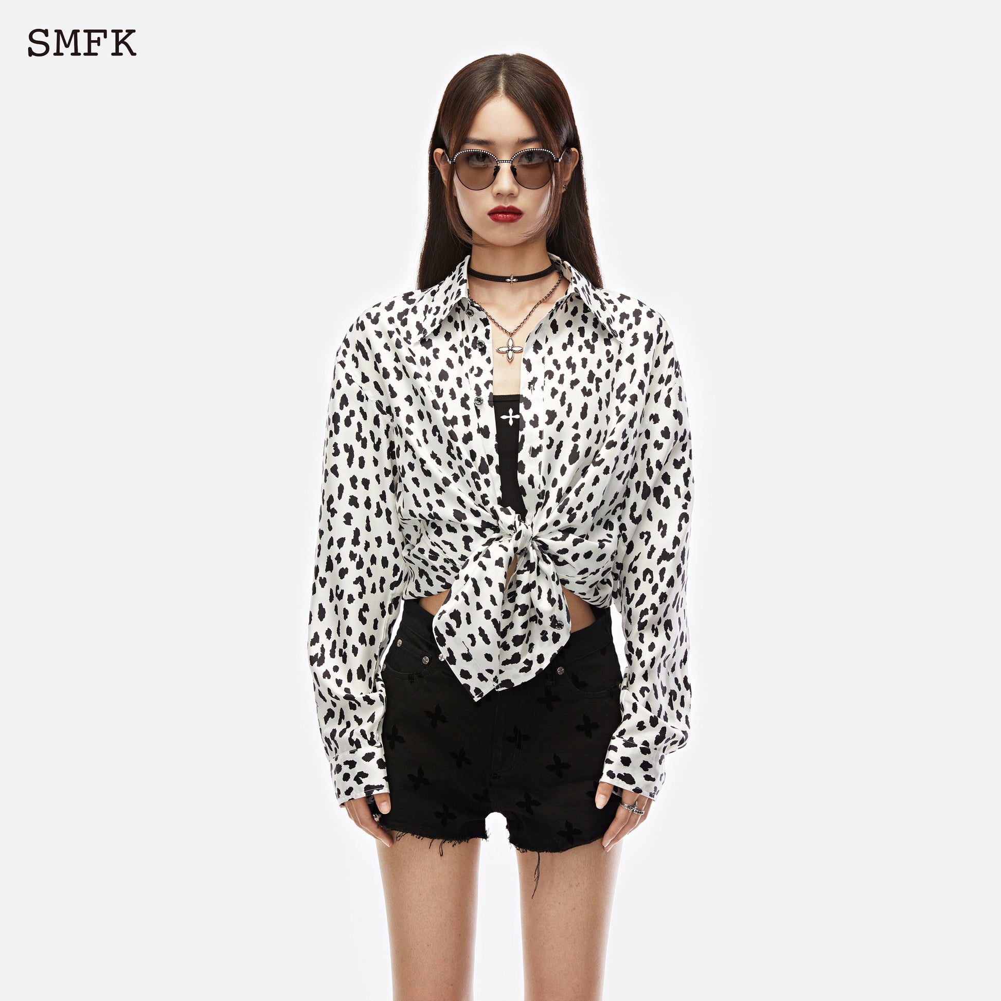 SMFK Leopard Print Classic Silk Shirt White - Fixxshop