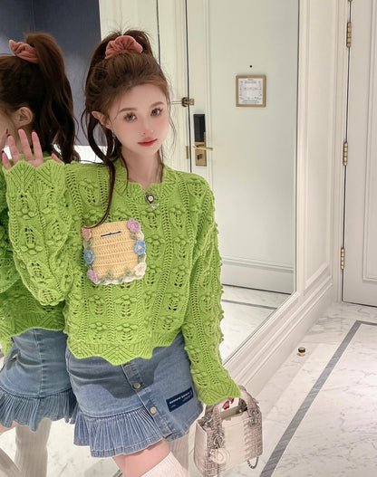 Aimme Sparrow Green Cutout Lace Knit Sweater