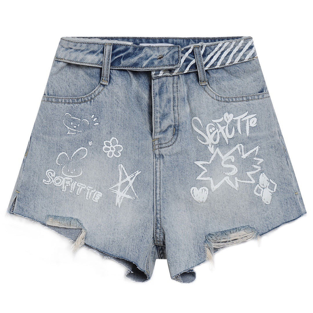 Sofitte Graffiti Painted Bunny Denim Short - Fixxshop