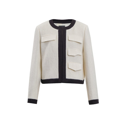 Concise-White Colourblock Wool Pocket Flap Short Coat White