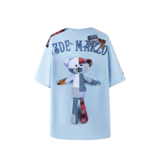 13DE MARZO Bear Patch Suture Denim T-shirt Dream Blue