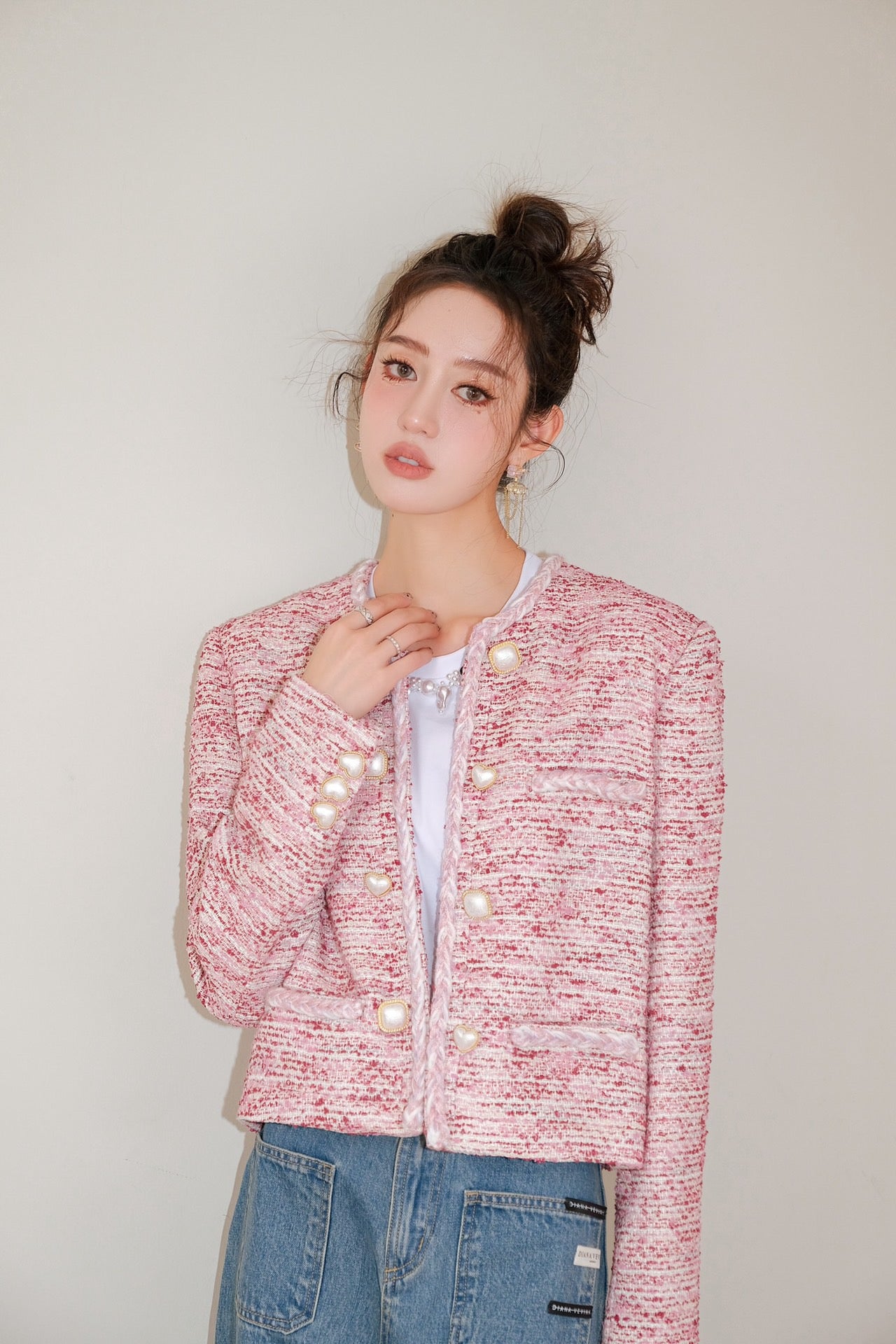 DIANA VEVINA Pink Tweed Pearl Button Jacket – Fixxshop