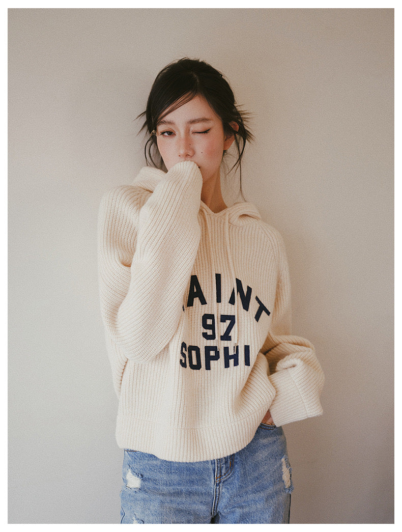 Concise-White LOGO Knit Sweater Hoodie Apricot