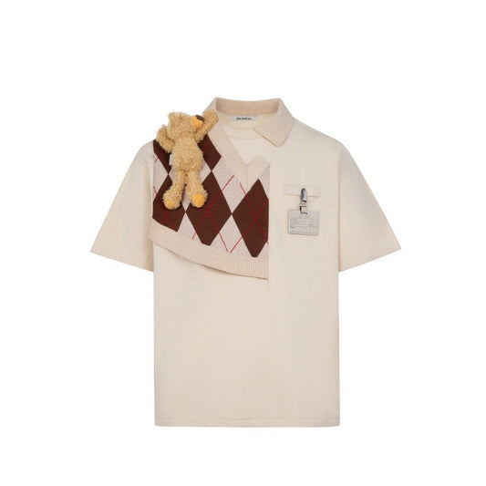 13DE MARZO Bear Knit Patch T-shirt Papyrus