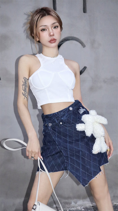 13DE MARZO Bear Diamond Check Denim Skirt Gibraltar Sea