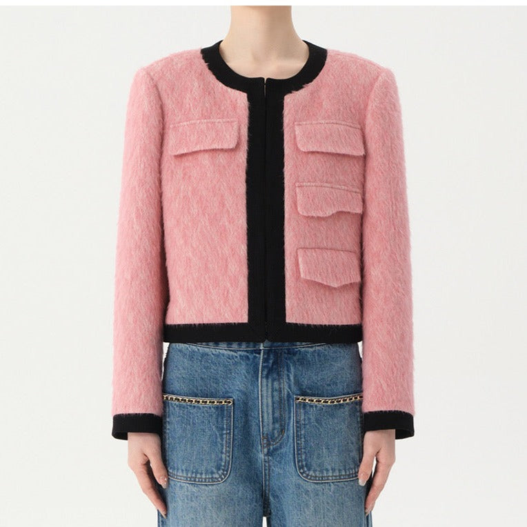 Concise-White Colourblock Wool Pocket Flap Short Coat Pink