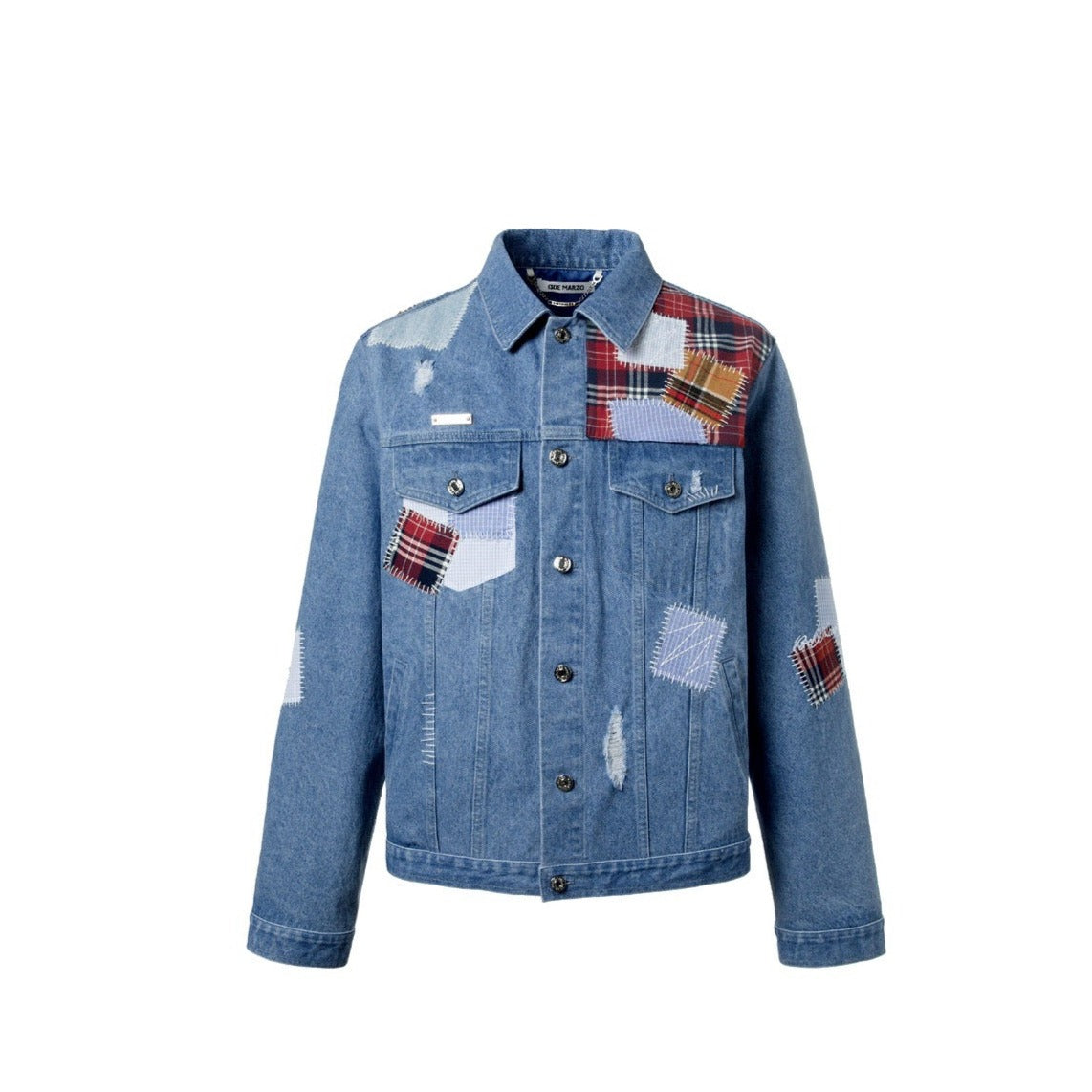 13DE MARZO Plaid Patch Denim Jacket Washed Blue