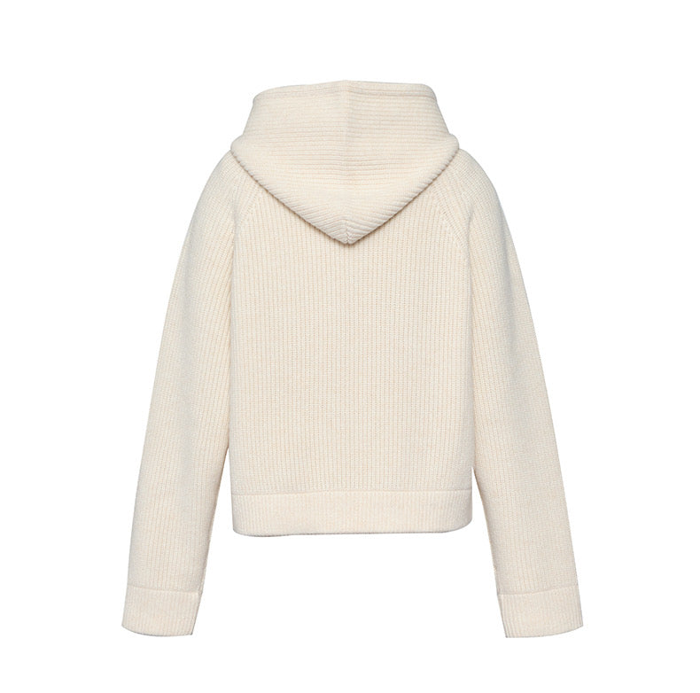 Concise-White LOGO Knit Sweater Hoodie Apricot