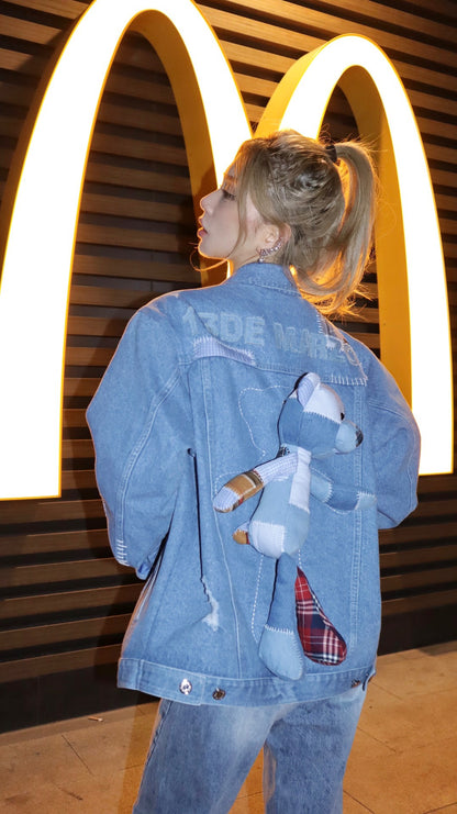 13DE MARZO Plaid Patch Denim Jacket Washed Blue