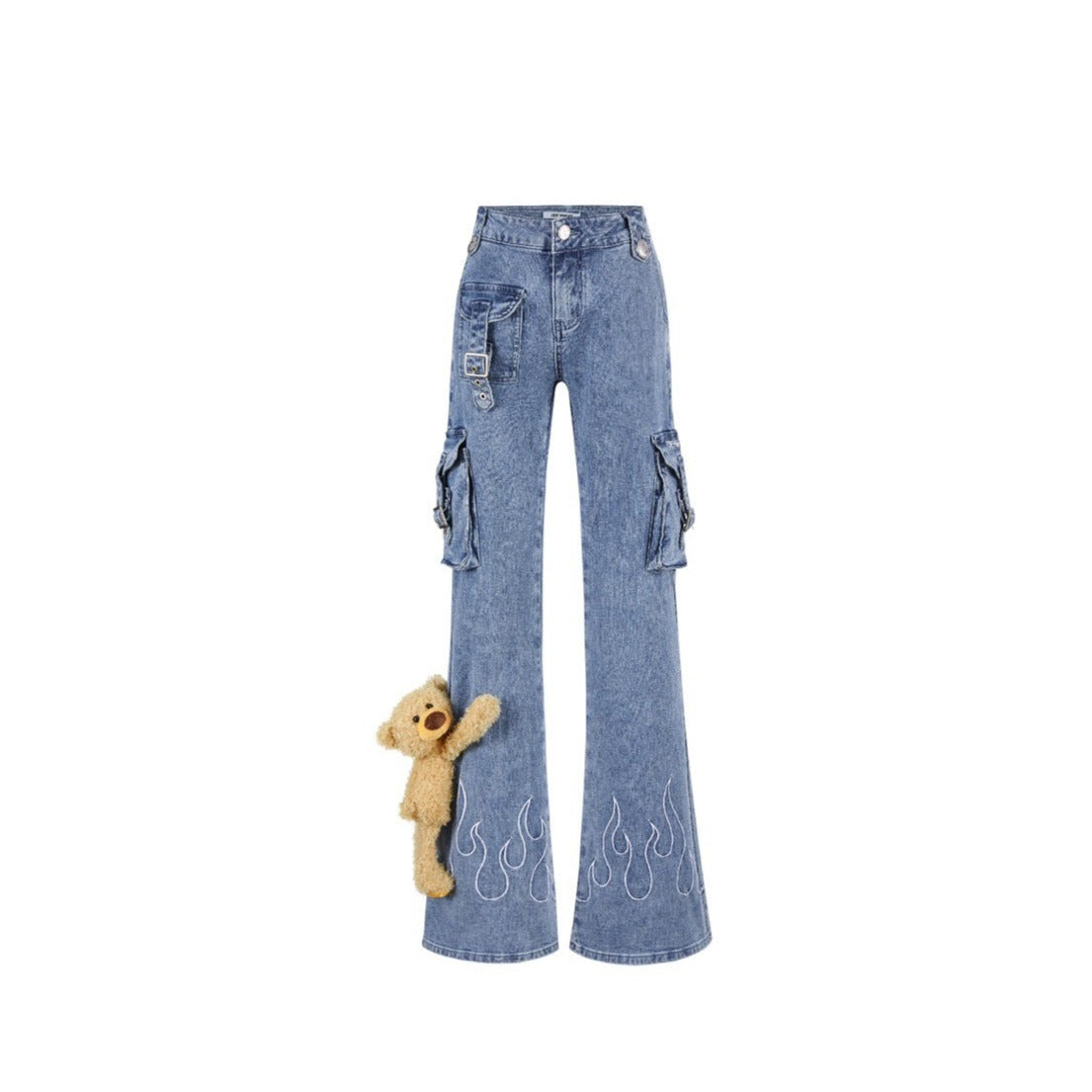 13DE MARZO Bear Flame Bottom Jeans Washed Blue