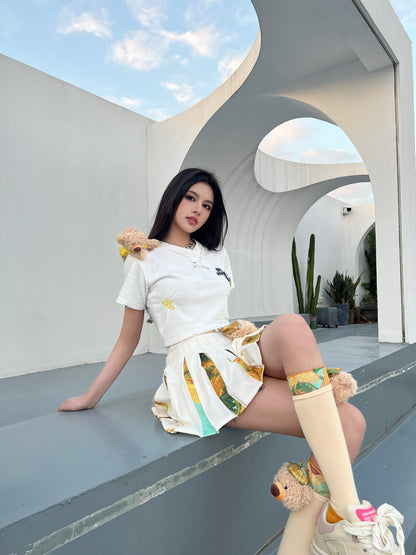 13DE MARZO Van Gogh Masterpiece Pleated Skirt Whisper White