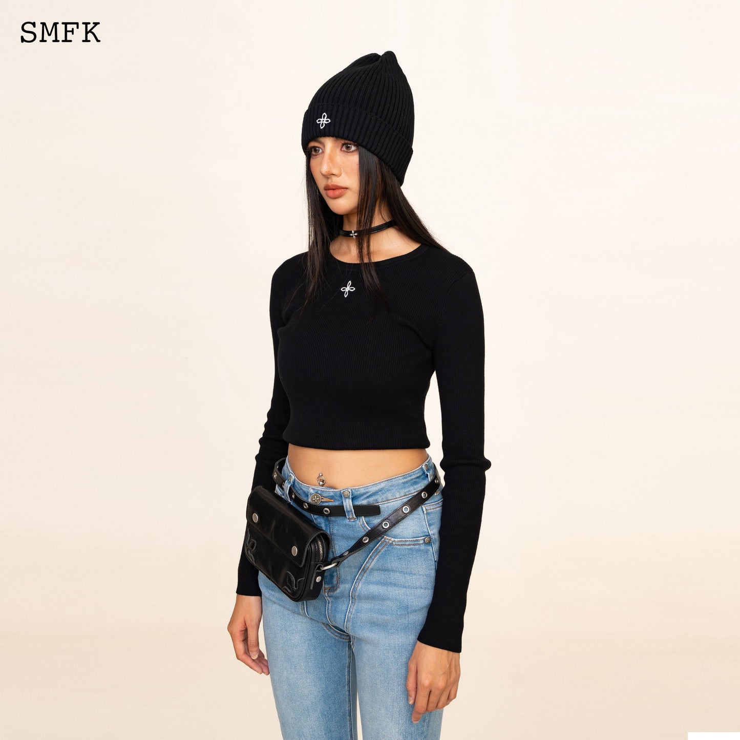 SMFK Compass Cross Cotton Beanie Hat In Black