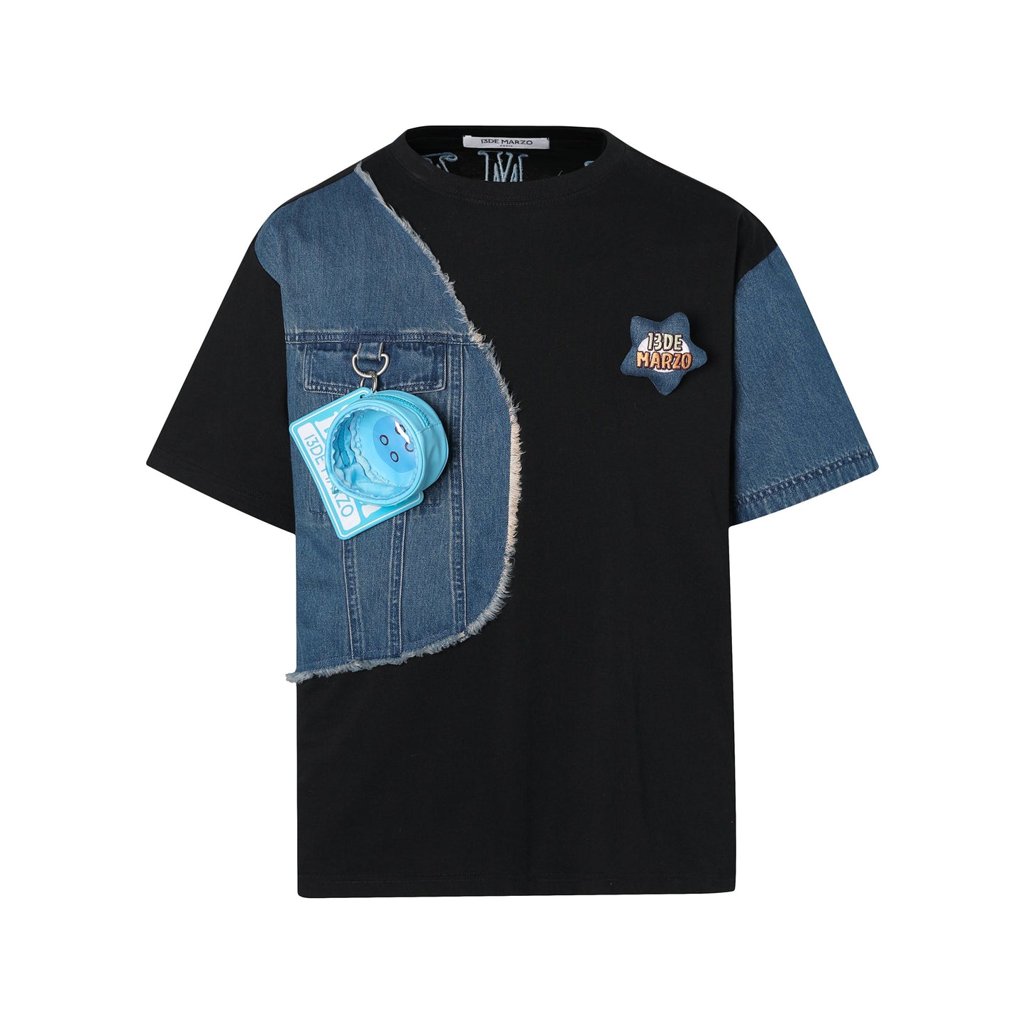 Black Parda Bear Denim Patchwork T-shirt - Fixxshop