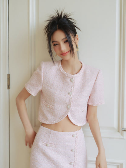 THREE QUARTERS Wool Sequins Short-sleeved Jacket and Skirt