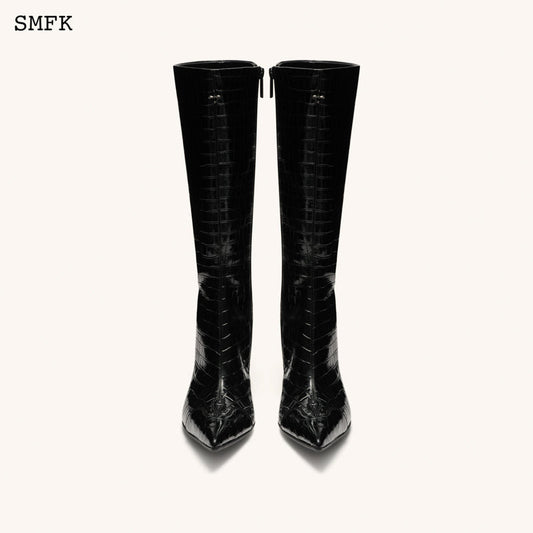 SMFK Compass Black Crocodile-Embossed Leather High Boots