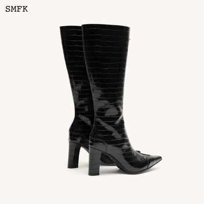 SMFK Compass Black Crocodile-Embossed Leather High Boots