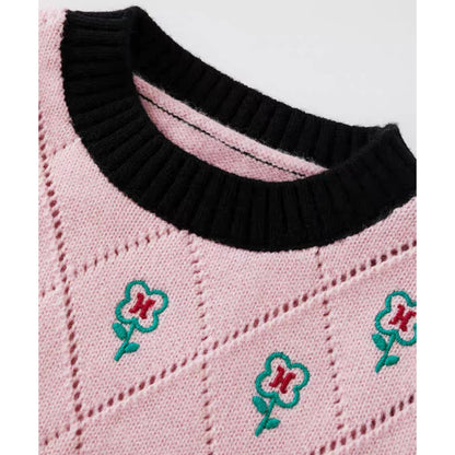 Herlian Embroidery Flower Puff Sleeve Knit Top Pink - Fixxshop