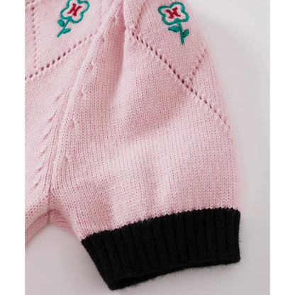 Herlian Embroidery Flower Puff Sleeve Knit Top Pink - Fixxshop