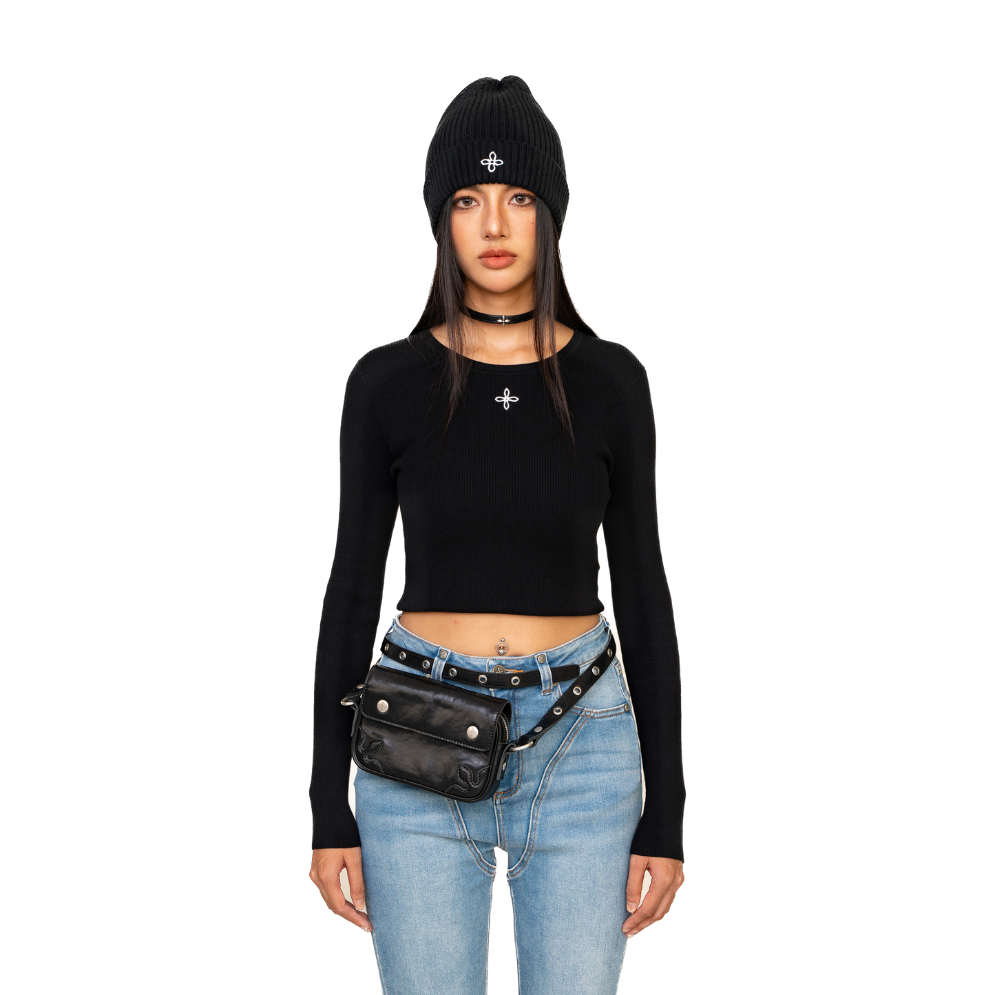SMFK Compass Cross Rib Knitted Top In Black